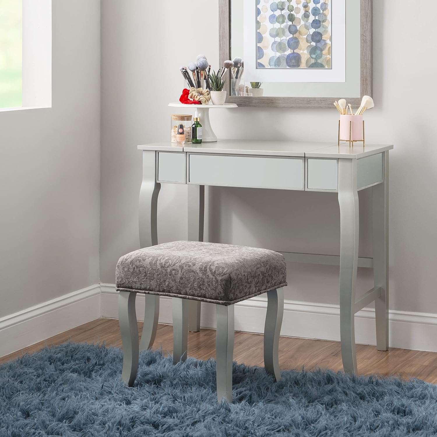 Linon Silver Harper Vanity Set, 32' W x 18' D x 46.75' H