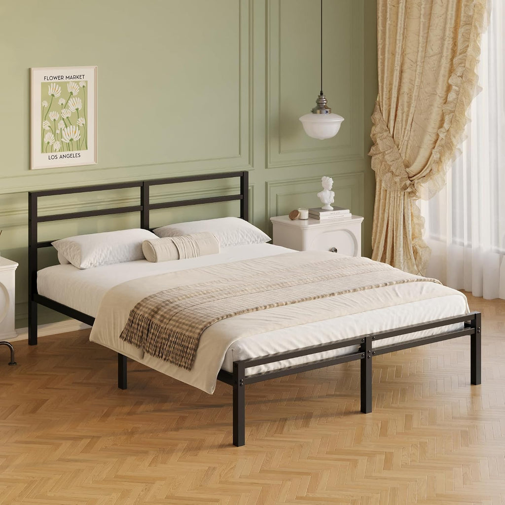 Lutown-Teen California King Bed Frame with Headboard and Footboard, 12 Inch Classic Metal Platform Bed Frame, Under Bed Storage, No Box Spring Needed, Easy Assembly, Noise Free, Black