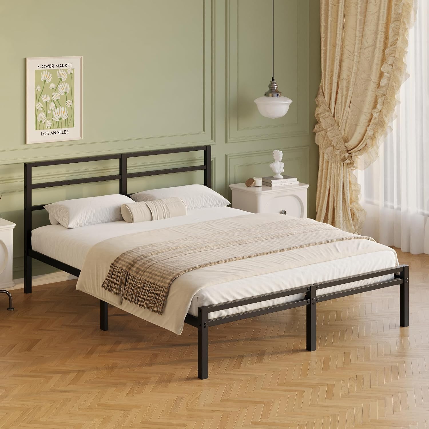 Lutown-Teen California King Bed Frame with Headboard and Footboard, 12 Inch Classic Metal Platform Bed Frame, Under Bed Storage, No Box Spring Needed, Easy Assembly, Noise Free, Black