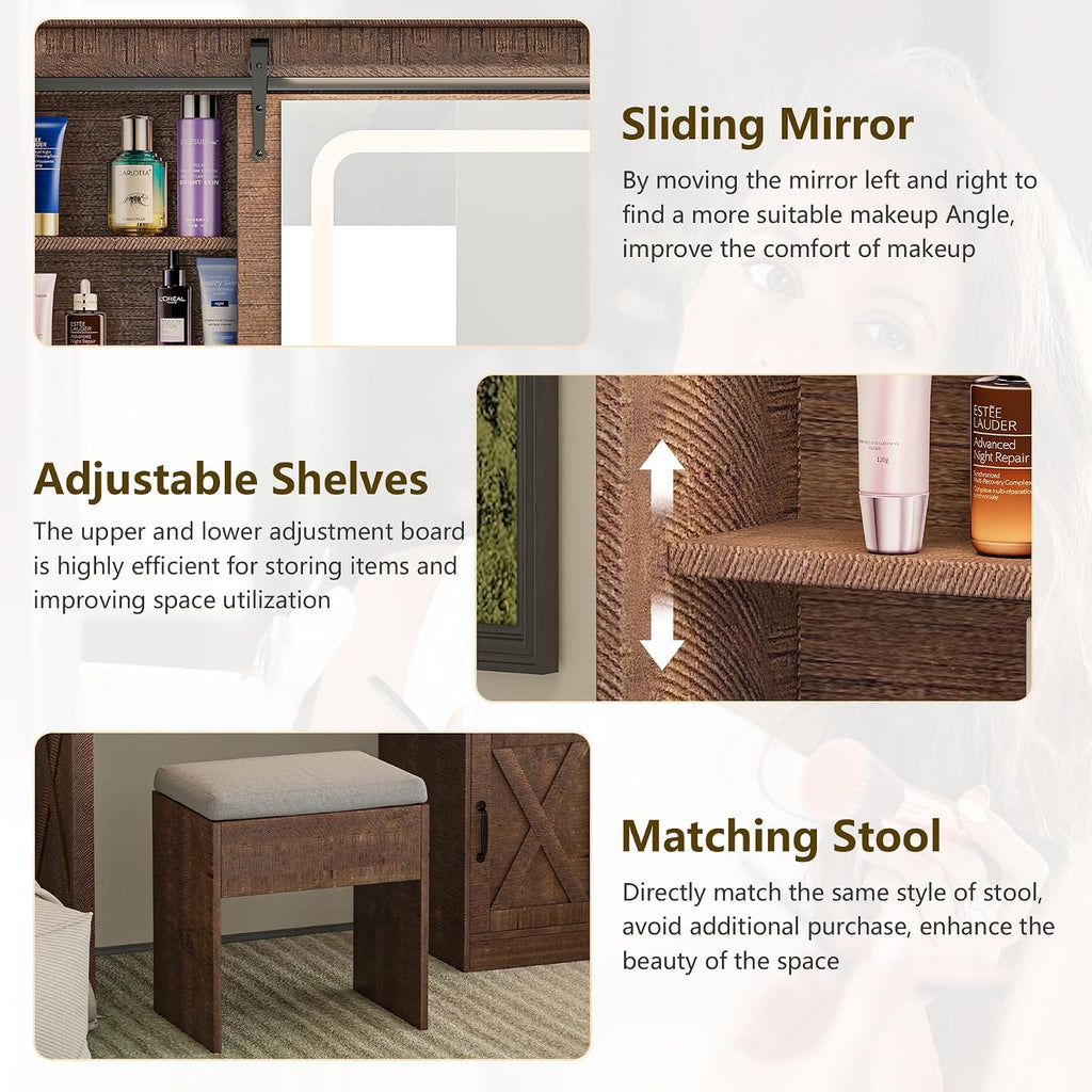 Farmhouse Vanity Desk with Mirror and Lights, 42' Glass Top Makeup Vanity with Charging Station & Jewelry Cabinet, 4 Drawers, Adjustable Shelves & Stool, Vintage Brown