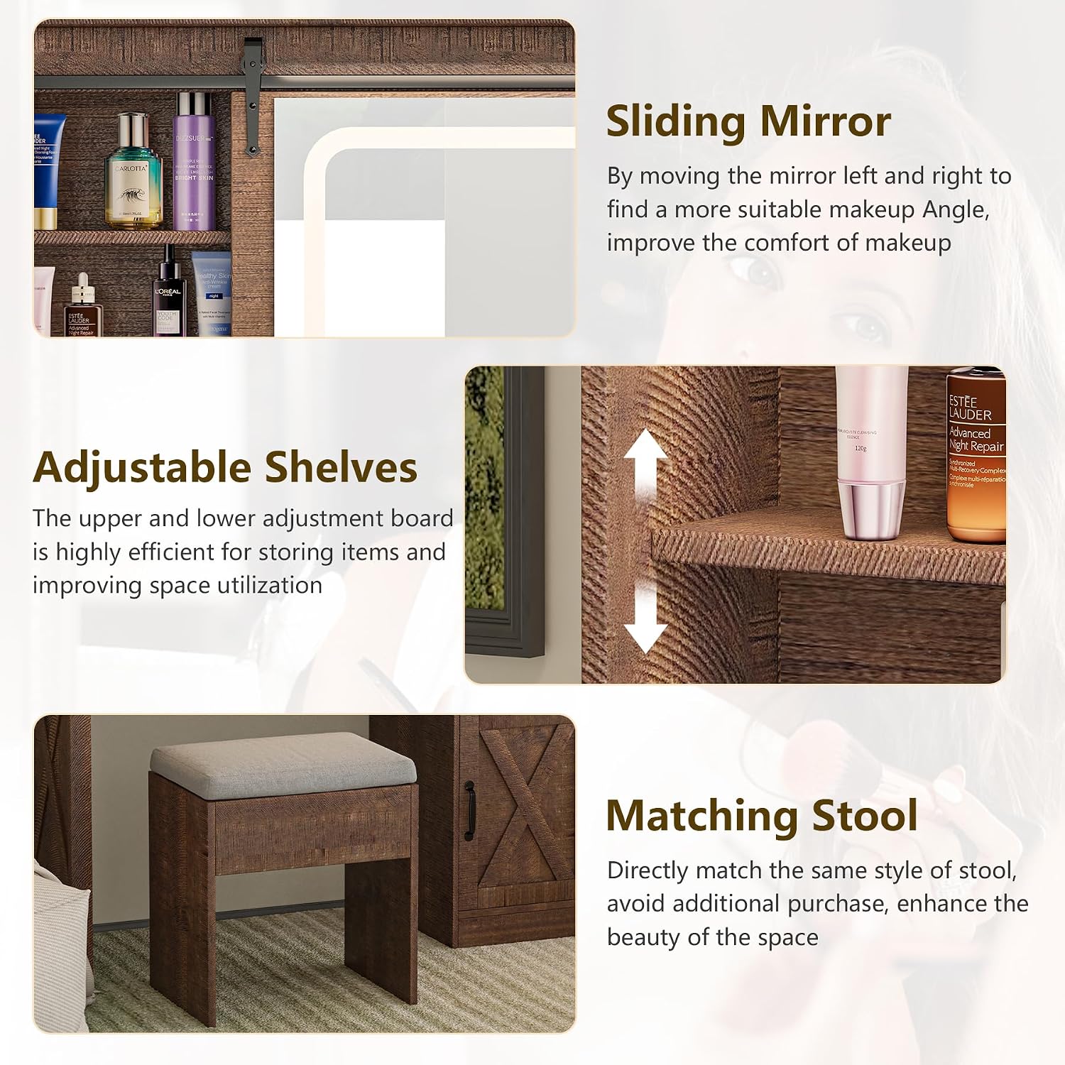 Farmhouse Vanity Desk with Mirror and Lights, 42' Glass Top Makeup Vanity with Charging Station & Jewelry Cabinet, 4 Drawers, Adjustable Shelves & Stool, Vintage Brown