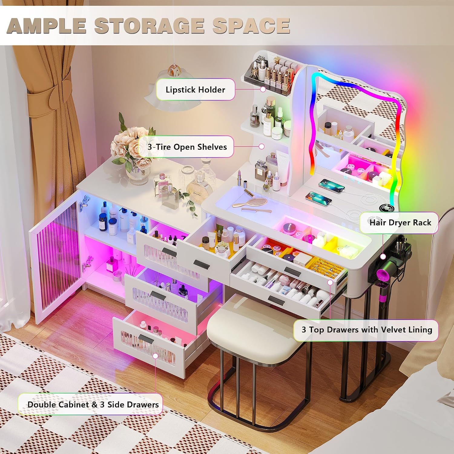 RGB Makeup Vanity Desk with Wireless Charging Station,Vanity Mirror with Lights Desk and Chair,8 Drawers,Stool,7 Dynamic and 7 Static Dimmable Vanity Table with Glass Desktop
