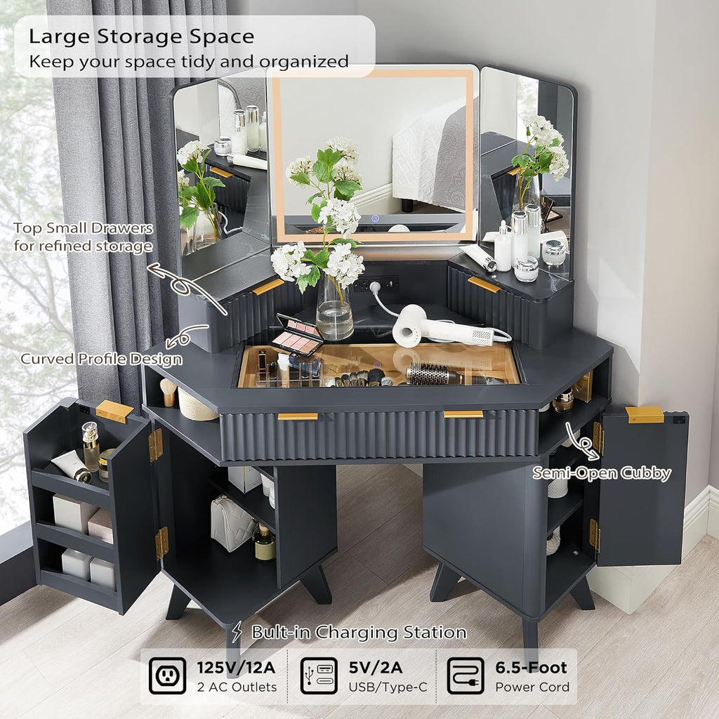 T4TREAM Fluted Makeup Vanity Desk with 3 Way Mirror and Lights, 48' Large Corner Vanity Table with Glass Top, Charging Station, 3 Drawers, Storage Cabinets & Shelves, for Bedroom, Dark Grey