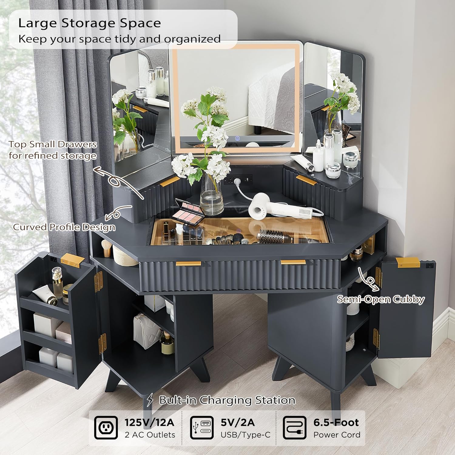 T4TREAM Fluted Makeup Vanity Desk with 3 Way Mirror and Lights, 48' Large Corner Vanity Table with Glass Top, Charging Station, 3 Drawers, Storage Cabinets & Shelves, for Bedroom, Dark Grey