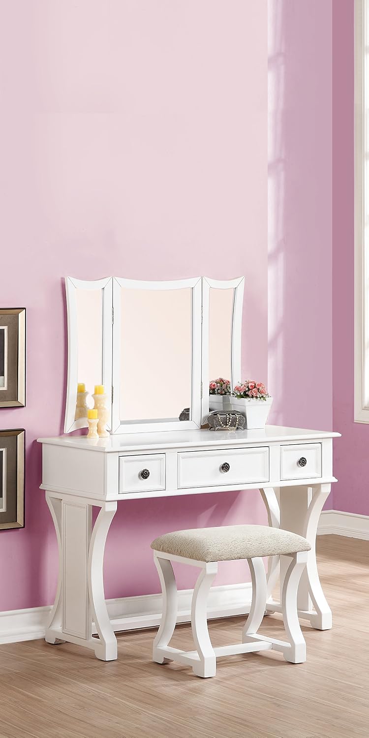 Poundex Bobkona Edna Vanity Set with Stool, White