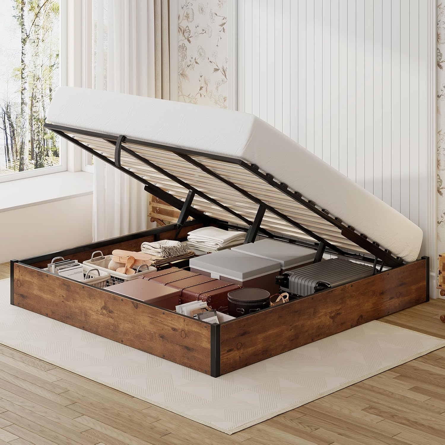 LUXOAK Lift Up Storage Bed Frame, King Size Wooden Slats Platform Bed Frame with Ample Storage Underneath, No Box Spring Needed, Noise Free, Rustic Brown