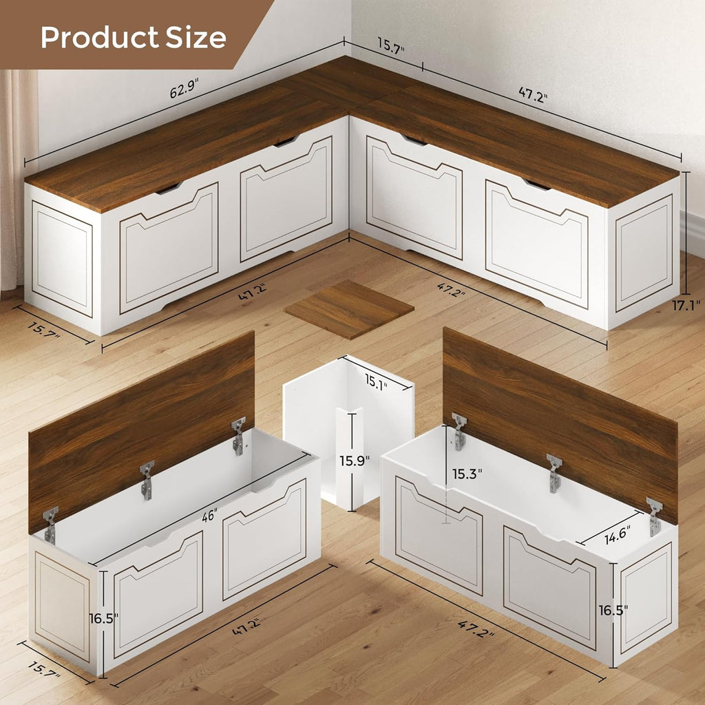 L Shaped Corner Bench with Storage, Breakfast Nook Bench, 63' L-Shaped Kitchen Nook Seating, Hidden Flip-Top Storage Compartments for Entryway, Dining Room, Hallway, Cloakroom, w/Grey Cushion