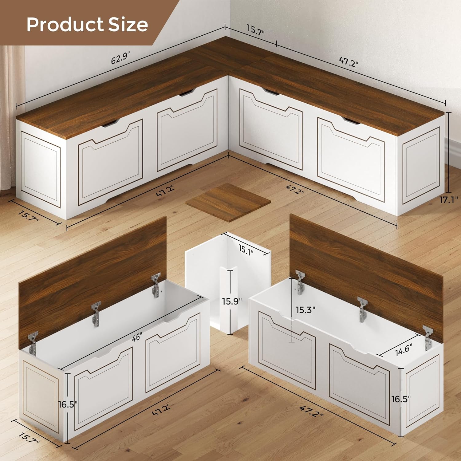 L Shaped Corner Bench with Storage, Breakfast Nook Bench, 63' L-Shaped Kitchen Nook Seating, Hidden Flip-Top Storage Compartments for Entryway, Dining Room, Hallway, Cloakroom, w/Grey Cushion