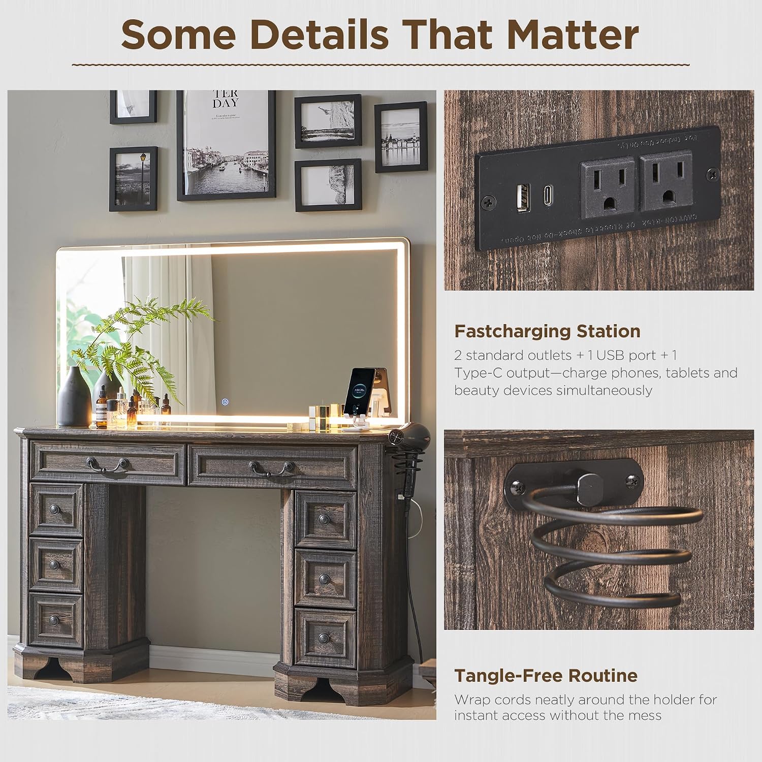 T4TREAM Makeup Vanity Desk with 48' HD Lighted Mirror, Farmhouse Vanity Table with 8 Drawers, Vanity Desk with 3 Color Modes, Dressing Table with Glass Top and Power for Bedroom(Dark Rustic Oak)