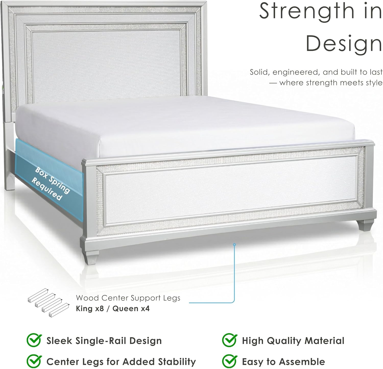 Furniture of America Silvia Glam Solid Wood 6-Piece Bedroom Set with Layered Frame Bed, Faux Crystal Trim LED on Nightstands, Chest and Dresser with Mirror, Box Spring Needed for Bedroom, King, Silver