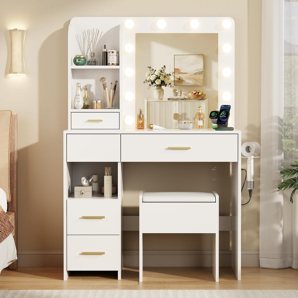 Vanity Desk with Mirror and Lights, 3 Adjustable Lighting Makeup Vanity Desk with 3 Storage Shelves, 5 Large Drawers and Power Outlet, Vanity with Chair for Bedroom, White