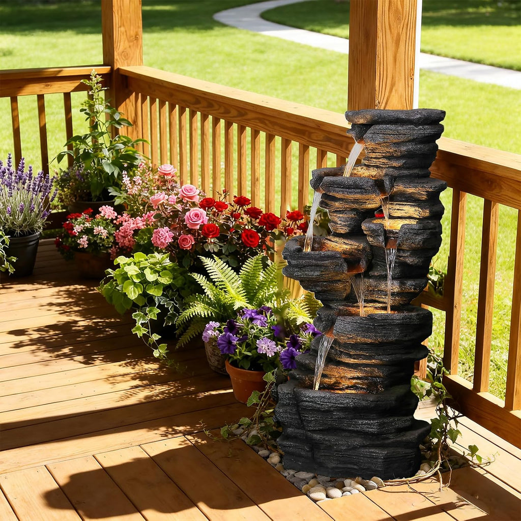 Bumilgar 42.5' H Garden Outdoor Water Fountain with LED Lights & Pump, Mutiply-Tier Cascading Outdoor Fountain for Garden,Patio,Porch,Backyard,Home Art Decor