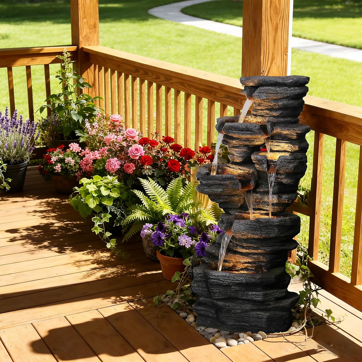 Bumilgar 42.5' H Garden Outdoor Water Fountain with LED Lights & Pump, Mutiply-Tier Cascading Outdoor Fountain for Garden,Patio,Porch,Backyard,Home Art Decor