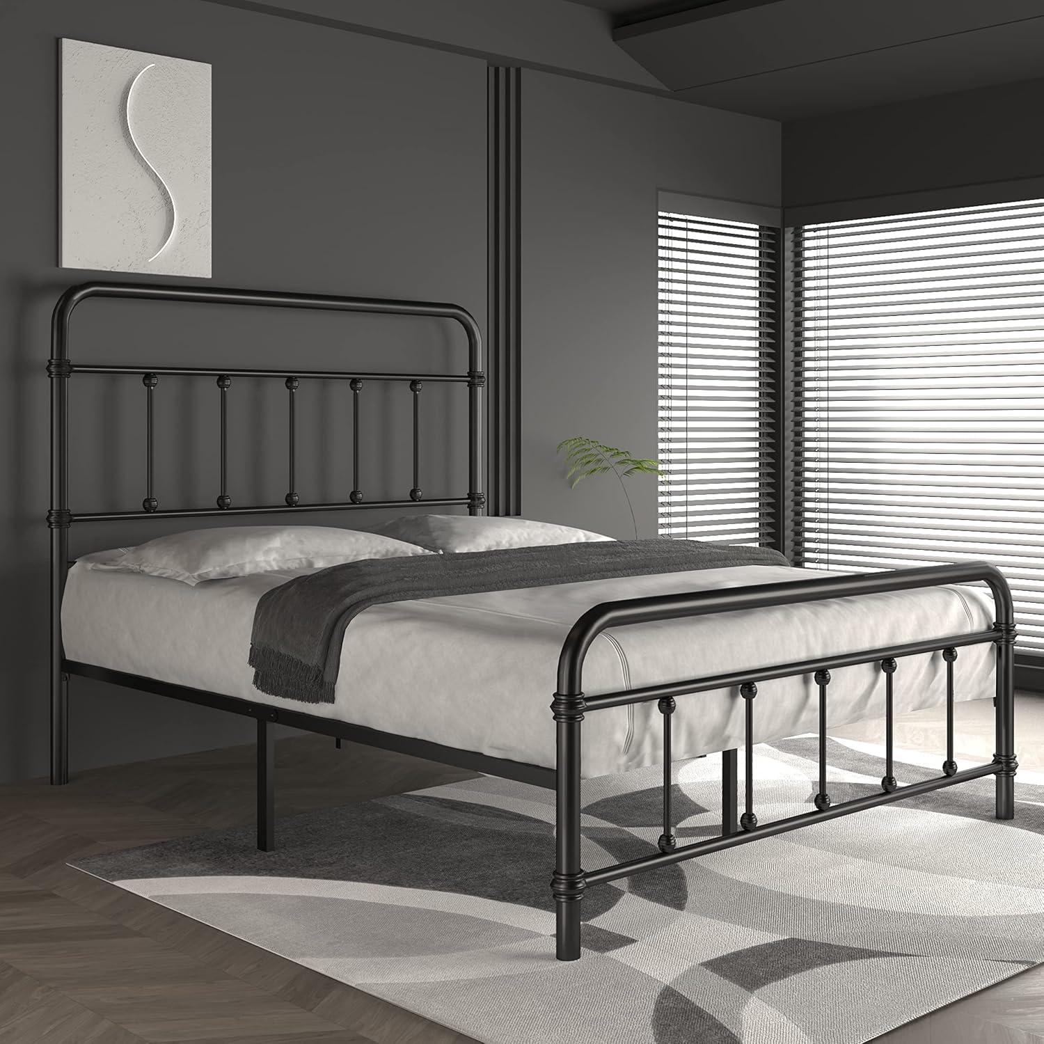 Queen-Bed-Frame-Metal Platform Bed Frame with 49' High-Headboard - Solid Quite Easy Set Up Mattress Foundation No Box Spring Needed