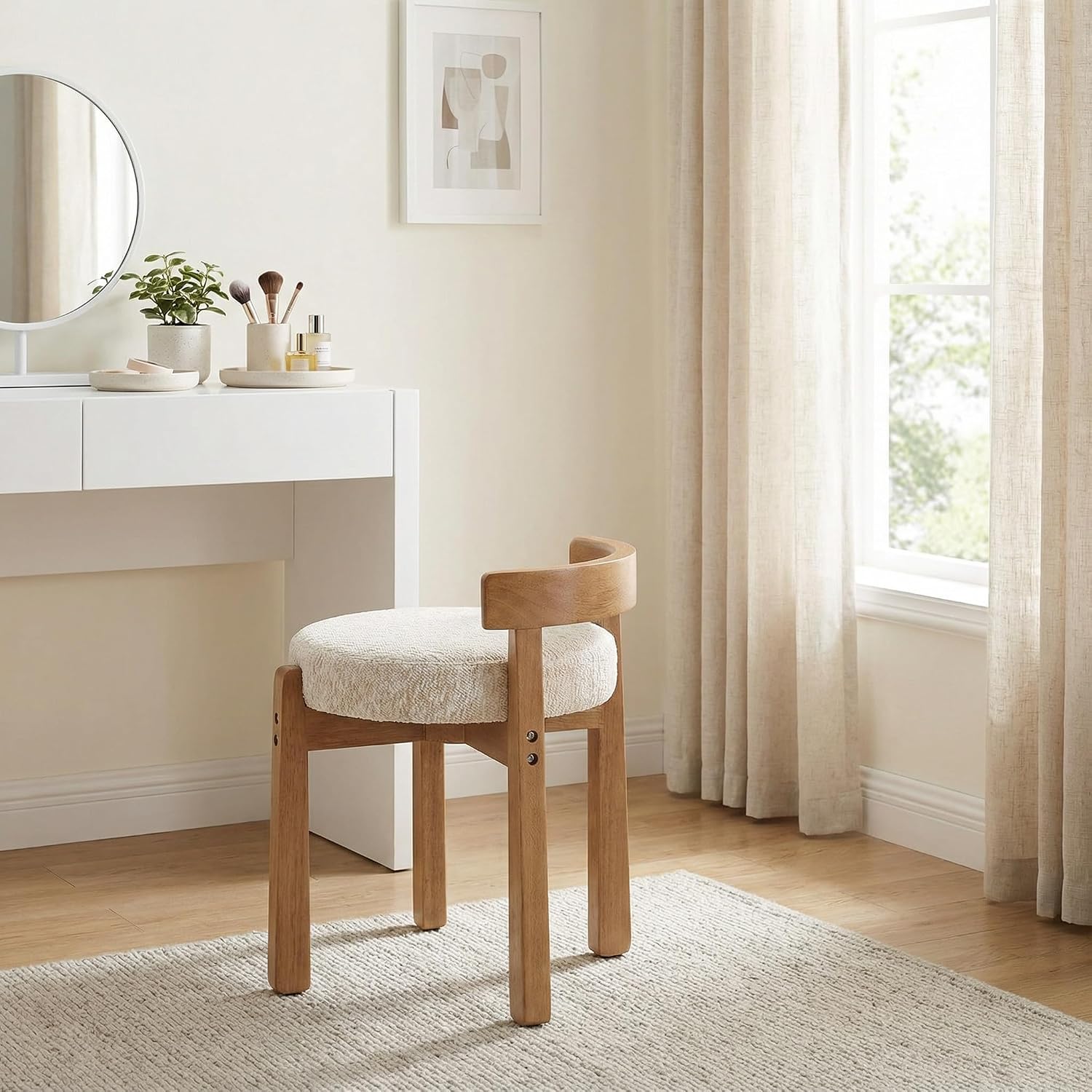 HNY Modern Chenille Vanity Chairs & Ottoman Set of 2 Upholstered Round Seat with Solid Wood Legs, for Makeup Dressing, Living Room Footrest or Piano Bench, Beige