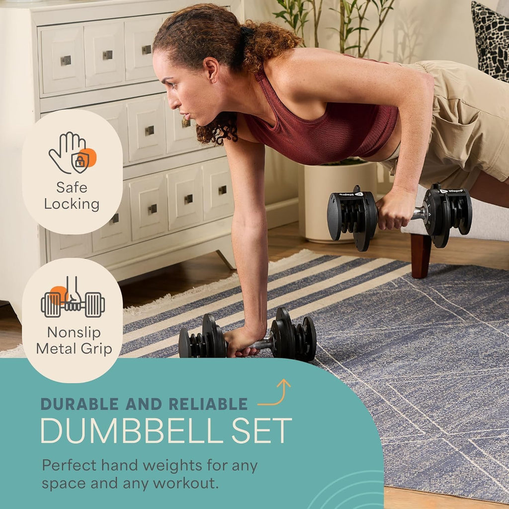 Lifepro Adjustable Dumbbells Set – Quick Adjustment, Anti Slip Handle – Space Saving & Strength Training Weights for Home Gym Exercise & Fitness