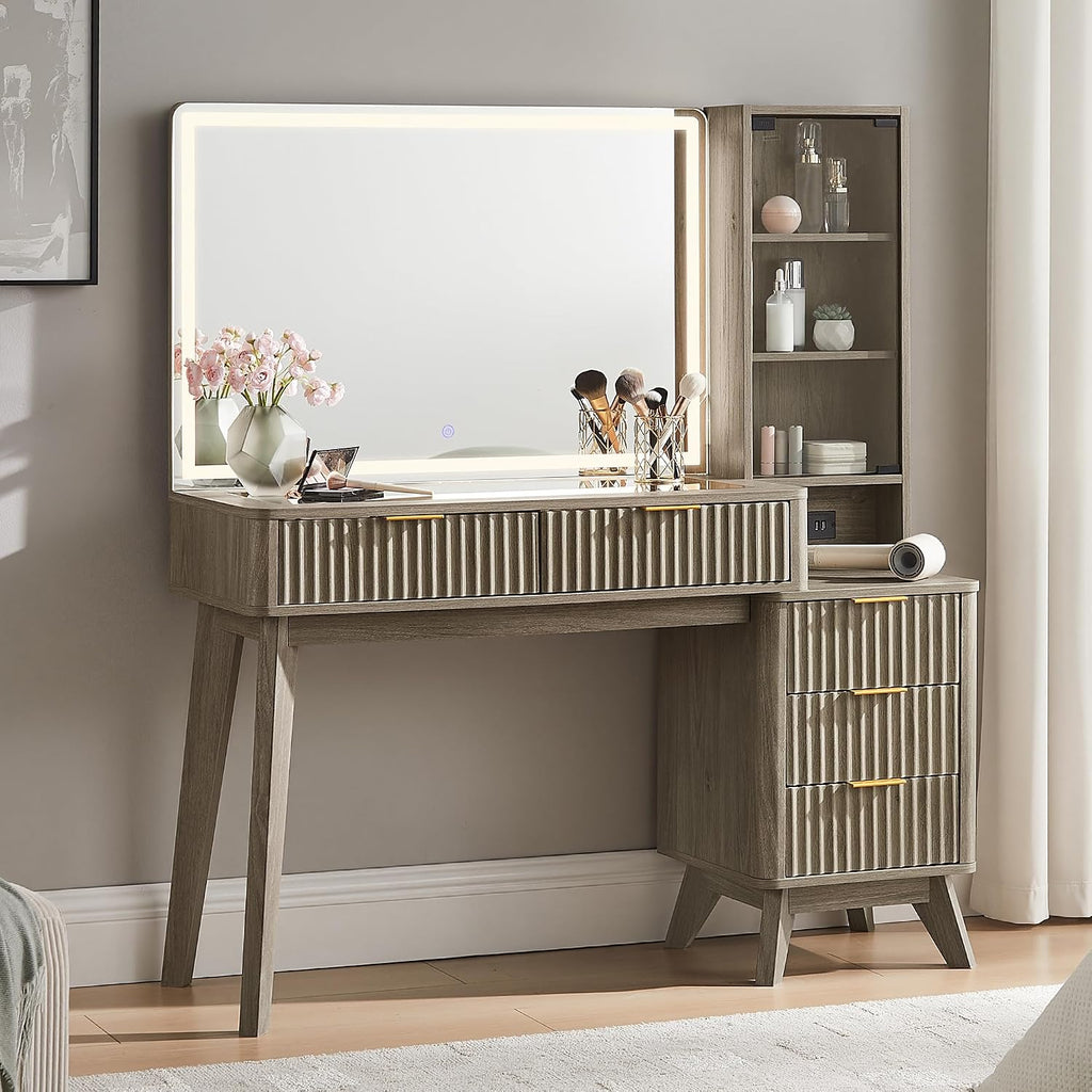 T4TREAM 48' Fluted Makeup Vanity Desk with Large 36' Mirror and Lights, Modern Glass Top Big Vanity Table w/5 Drawers & Adjustable Shelves, Dressing Table w/Charging Station for Bedroom, Brown Alder