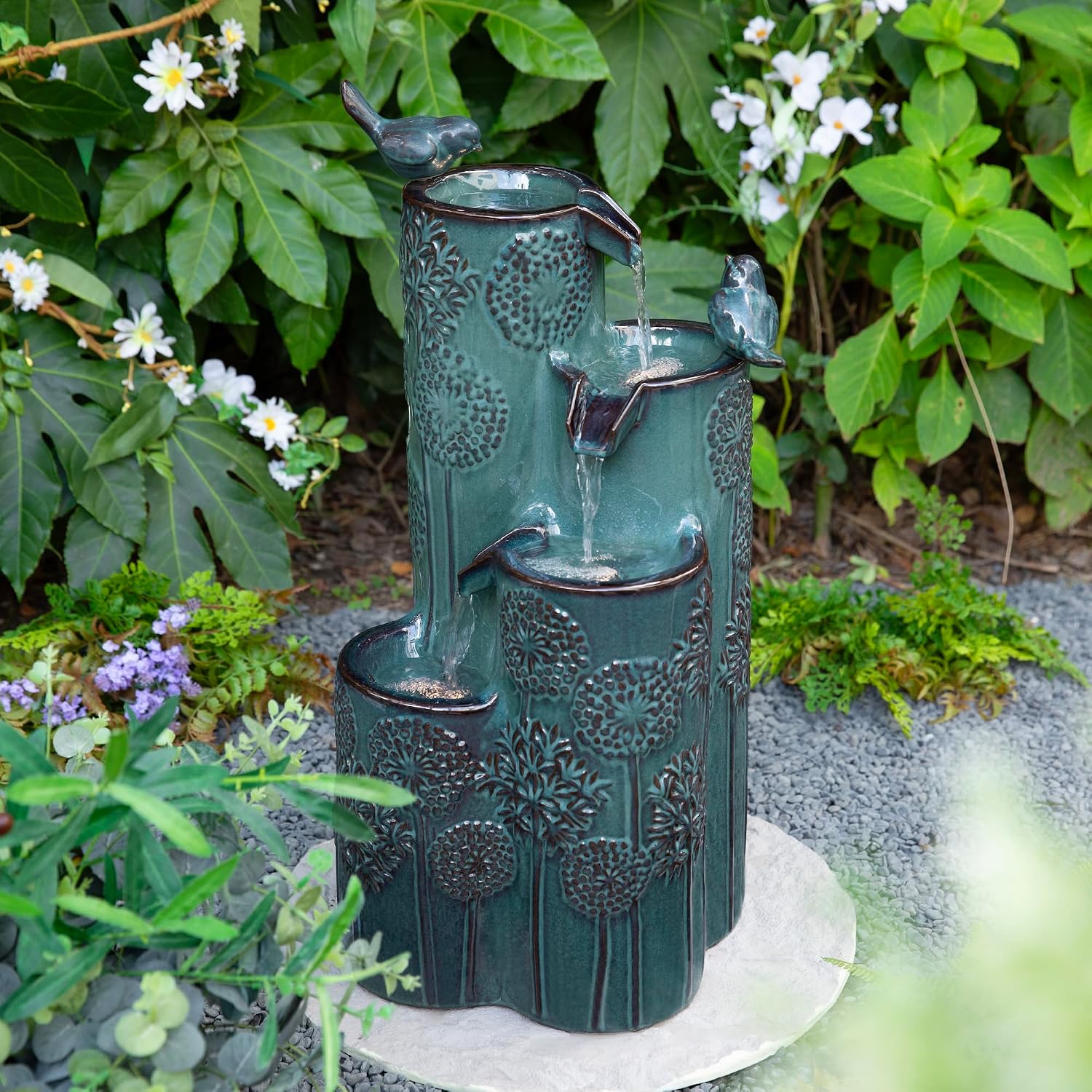 Glitzhome 27' H Outdoor Water Fountain with LED Light, Pump & Adapter, 4-Tier Turquoise Dandelion Vase Ceramic Cascading Garden Fountains Waterfalls with Birds, for Porch Deck Patio Backyard