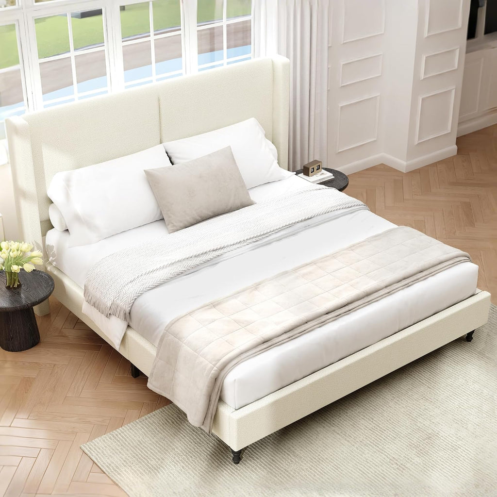 KEIKI King Size Boucle Platform Bed, Upholstered Metal Bed Frame with Tall Headboard, Wingback Solid Tufted Bedframe Queen-Size, Wood Slat Support, No Box Spring Needed, Easy Assembly, Beige