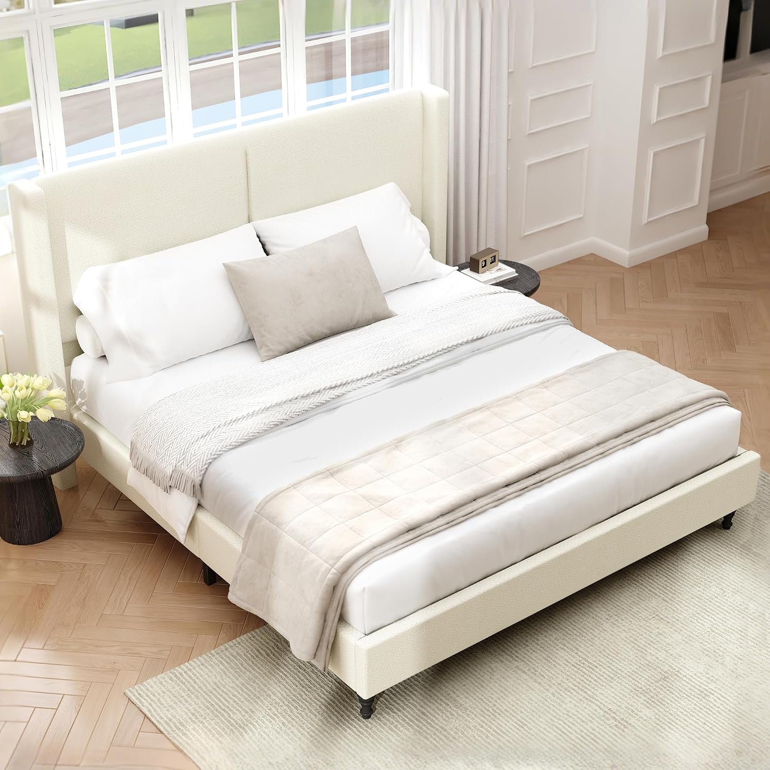 KEIKI King Size Boucle Platform Bed, Upholstered Metal Bed Frame with Tall Headboard, Wingback Solid Tufted Bedframe Queen-Size, Wood Slat Support, No Box Spring Needed, Easy Assembly, Beige