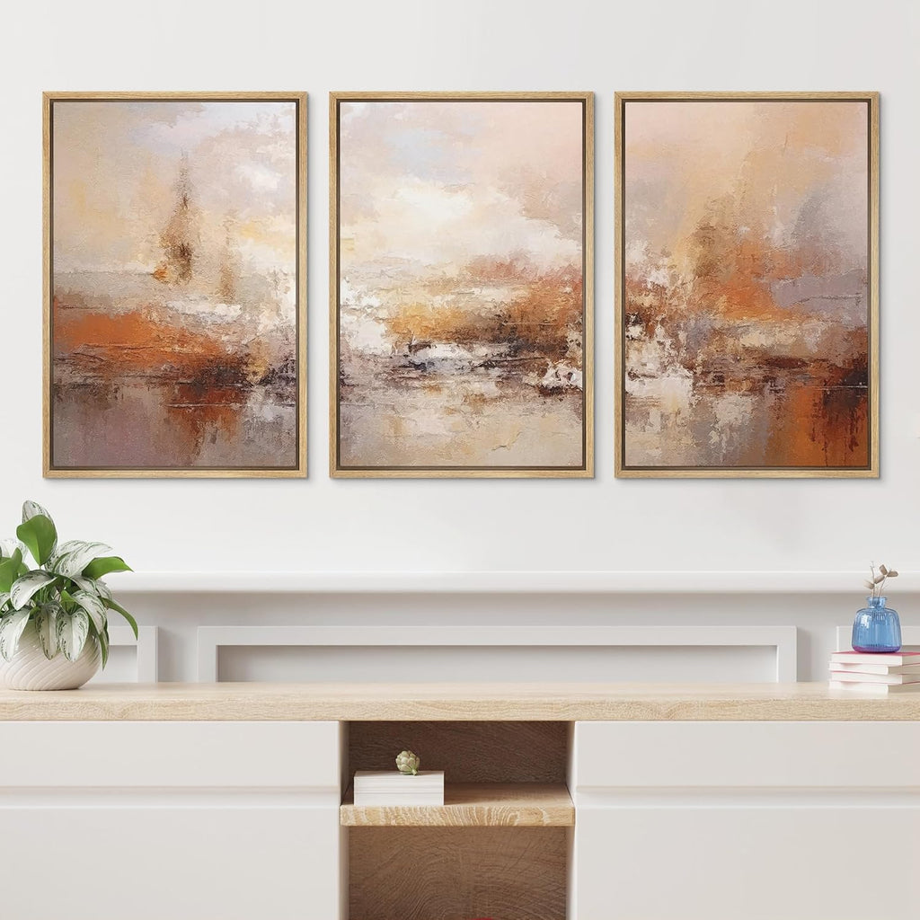wall26 Framed Canvas Print Wall Art Set Vibrant Red & Orange Paint Stroke Landscape Abstract Shapes Illustrations Modern Art Geometric Mid-Century Modern Cozy for Bedroom - 16'x24'x3 Natural