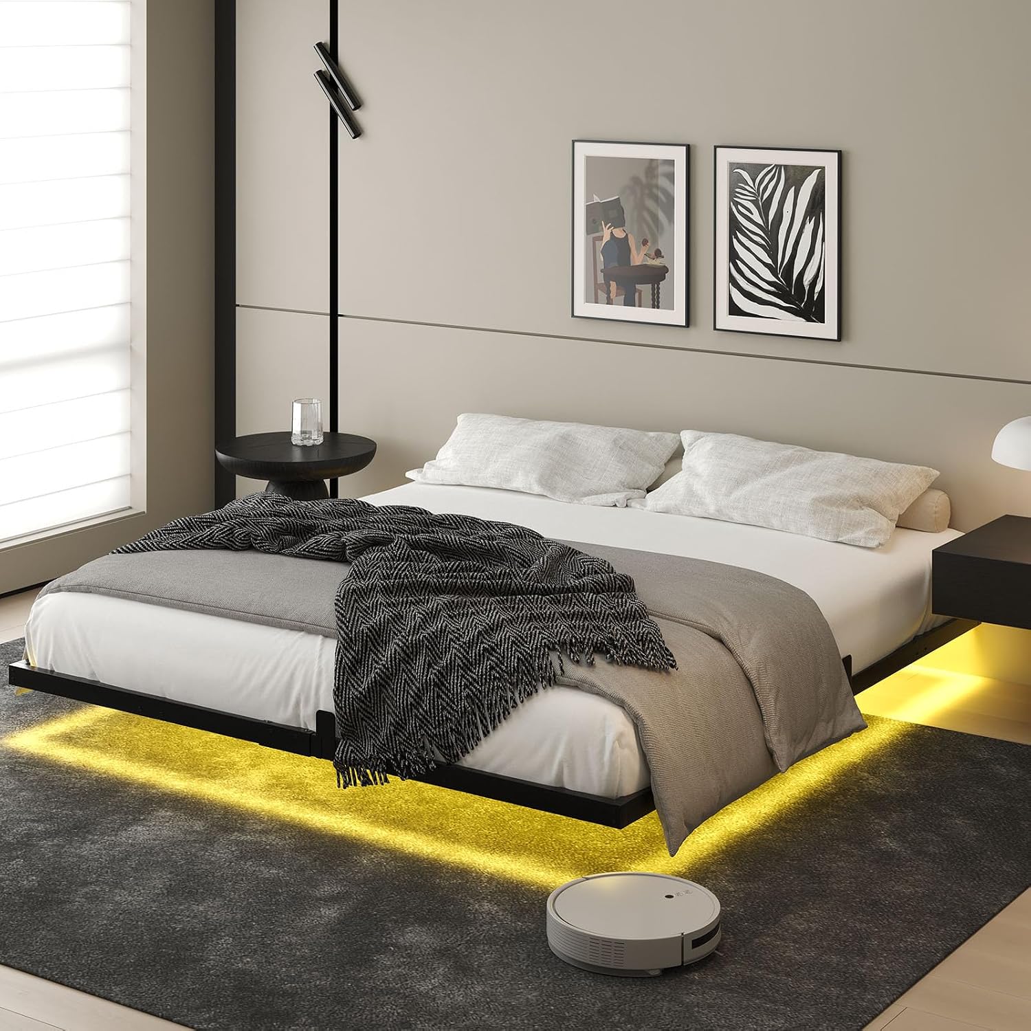 HOMBCK Floating Bed Frame King with LED Lights, Industrial Style Metal Bed Frame, No Box Spring Needed, Easy to Assemble, Noise Free