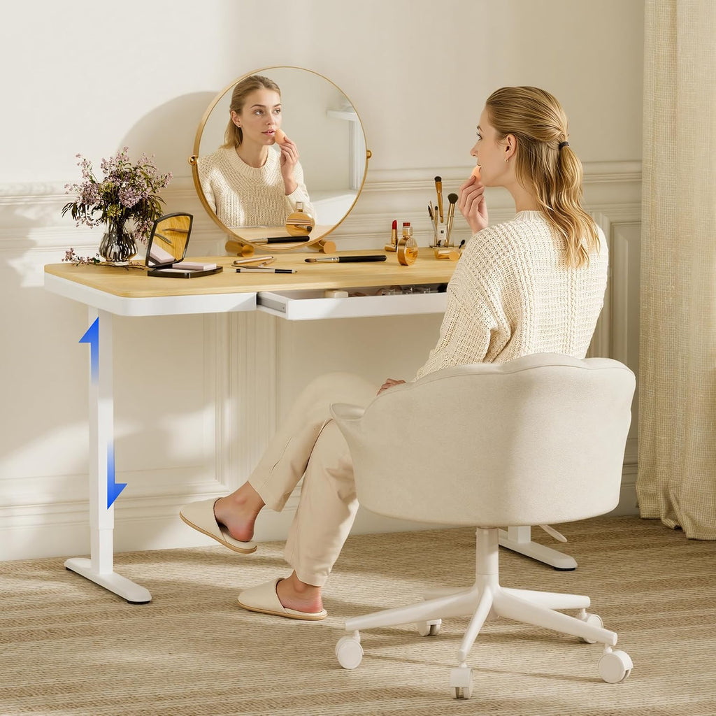 FLEXISPOT Electric Standing Makeup Vanity Desk with Drawer and USB Charge Ports&Child Lock, 48' Height Adjustable Whole-Piece Quick Install Dressing Table for Women Girls Bedroom Dressing Room, Maple