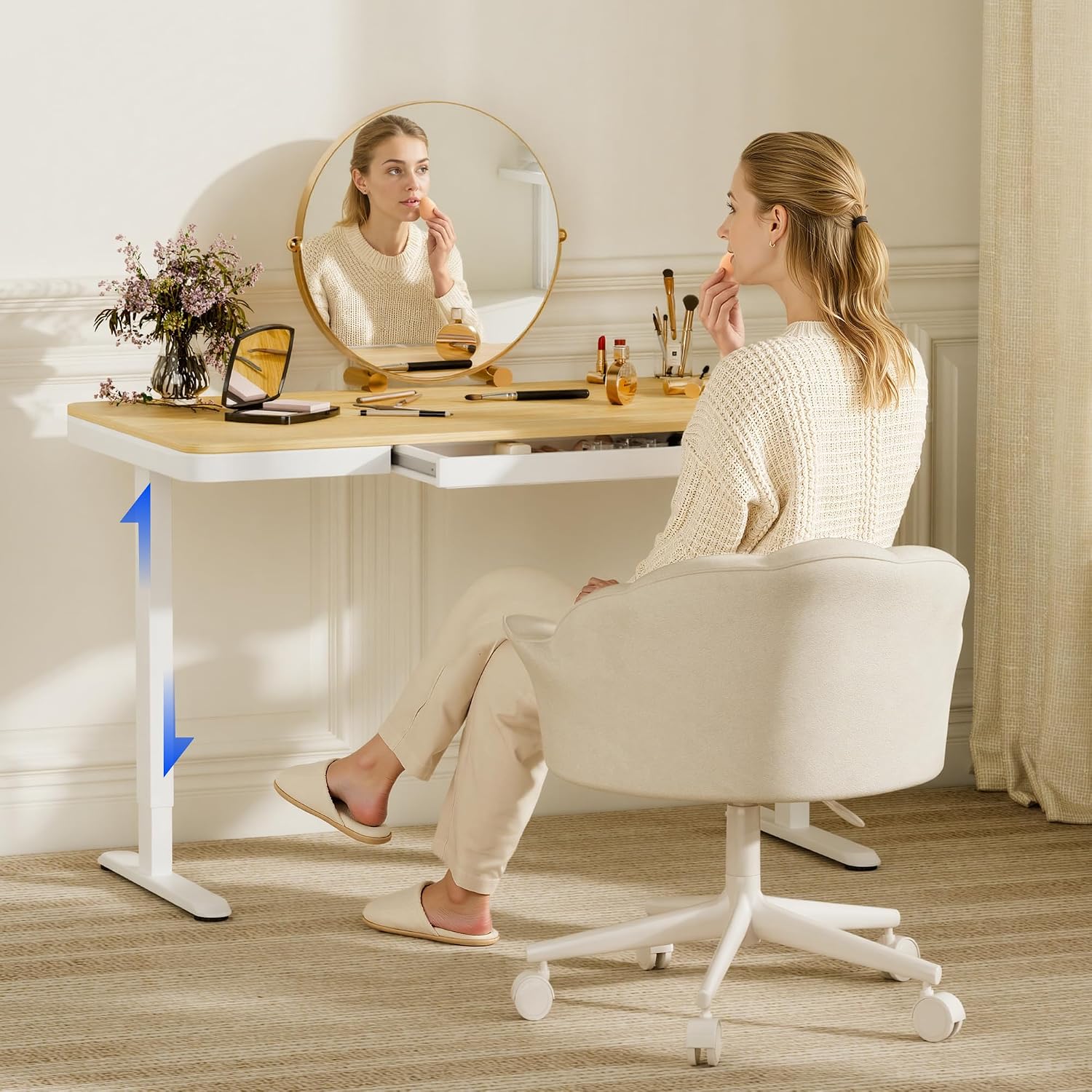 FLEXISPOT Electric Standing Makeup Vanity Desk with Drawer and USB Charge Ports&Child Lock, 48' Height Adjustable Whole-Piece Quick Install Dressing Table for Women Girls Bedroom Dressing Room, Maple