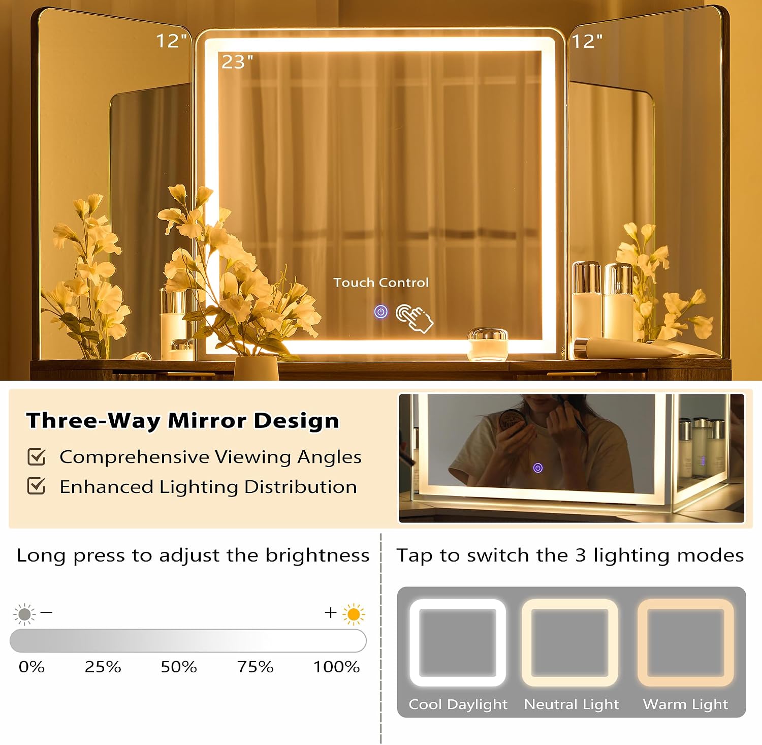 T4TREAM Fluted Makeup Vanity Desk with 3 Way Mirror and Lights, 48' Large Corner Vanity Table with Glass Top, Charging Station, 3 Drawers, Storage Cabinets & Shelves, for Bedroom, Dark Alder