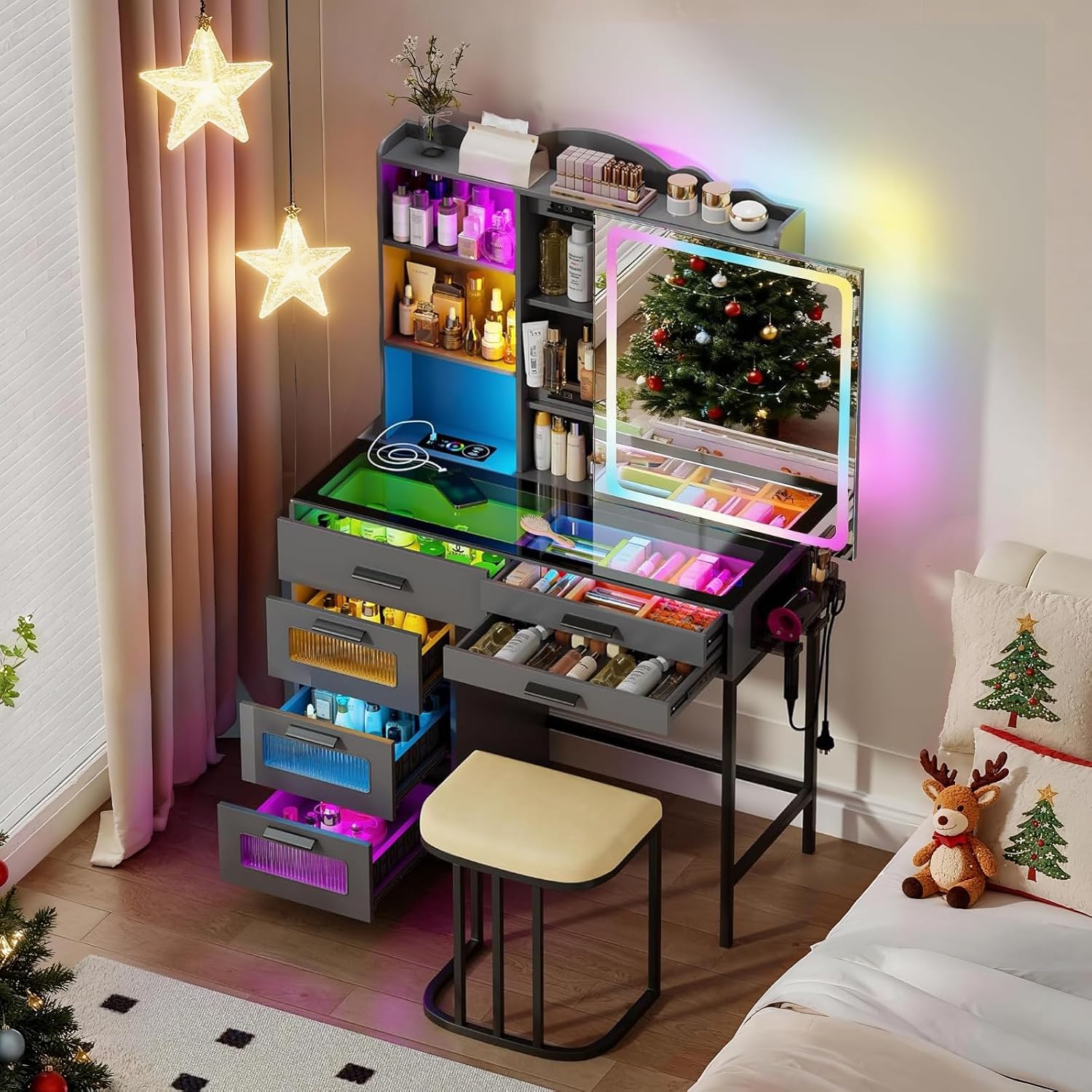 RGB Vanity Desk with Sliding Mirror and Lights,Makeup Vanity with Charging Station,LED Vanity Table with Glass Top,Girls Vanities Dressing Table Set with Stool&6 Drawers for Bedroom(Grey)