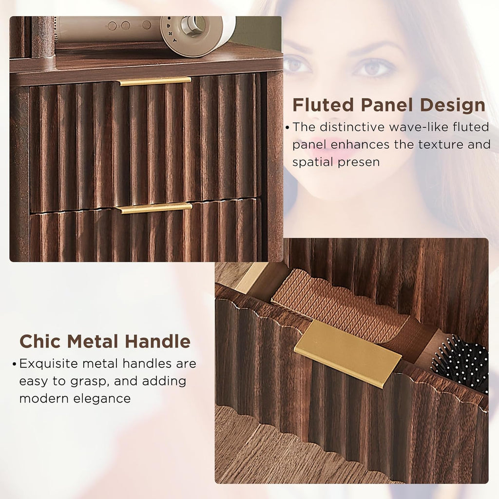 T4TREAM 48' Fluted Makeup Vanity Desk with Large 36' Mirror and Lights, Modern Glass Top Big Vanity Table w/5 Drawers & Adjustable Shelves, Dressing Table w/Charging Station for Bedroom, Dark Walnut