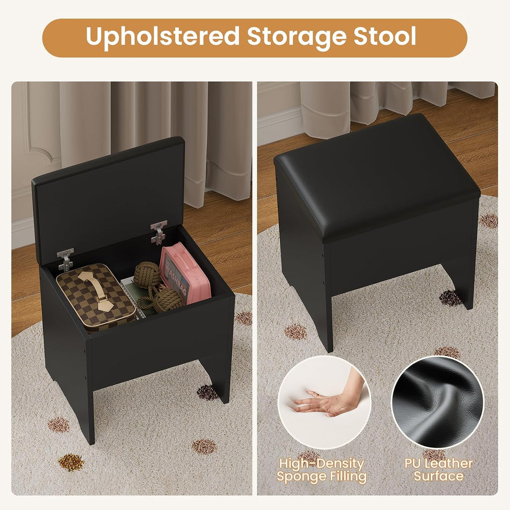 BTHFST Corner Vanity with Tri-Fold Mirror & Cushioned Storage Stool, Makeup Vanity with Charging Station, Vanity Desk with Mirror and Lights, Makeup Table with Drawers, Shelves, Black