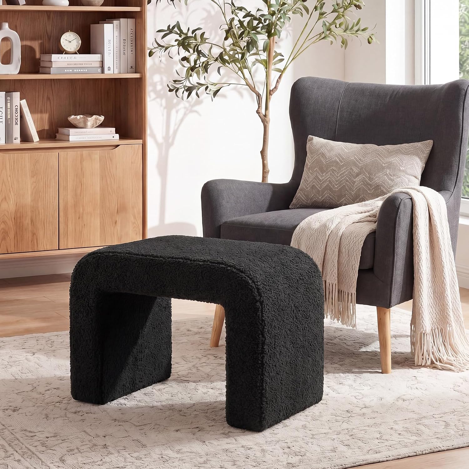 Tribesigns Modern Vanity Stool, Sherpa Upholstered Foot Stool Ottoman, Large Foot Rest for Couch, Shoe Bench for Entryway, Extra Seating for Living Room, Bedroom, Dressing Room, No Assembly, Black