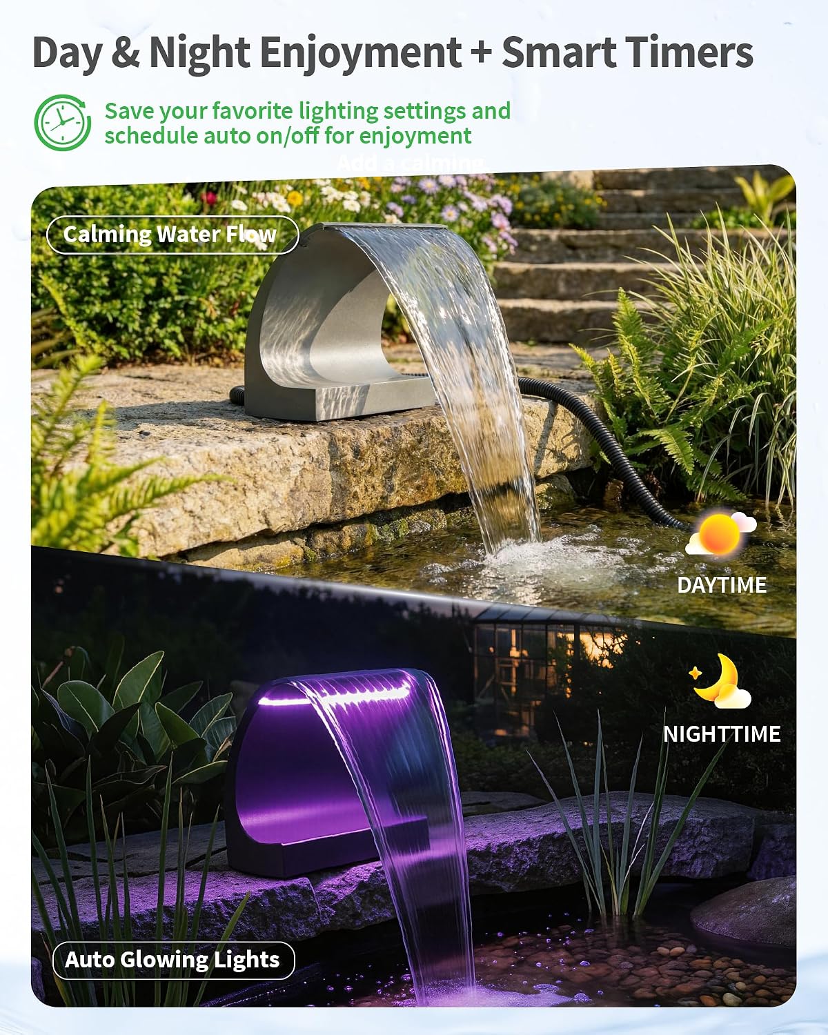 POPOSOAP Pond Waterfall Spillway with LED Lights & 1600GPH Pond Pump, 12Inch Pond Spillway Kit for Garden Ponds, Outdoor Water Feature with App & Remote Control for Backyard Landscape Decoration-P43C