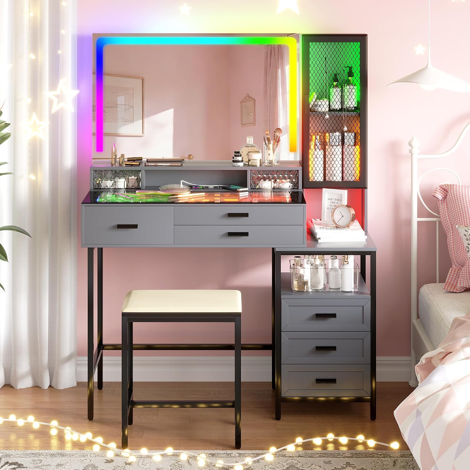 Makeup Vanity Desk with Large Mirror, Glass Top Vanity Table Set with RGB 24 Color Dimmable Lights, Dressing Table with 6 Drawers and Cushioned Stool (Grey)