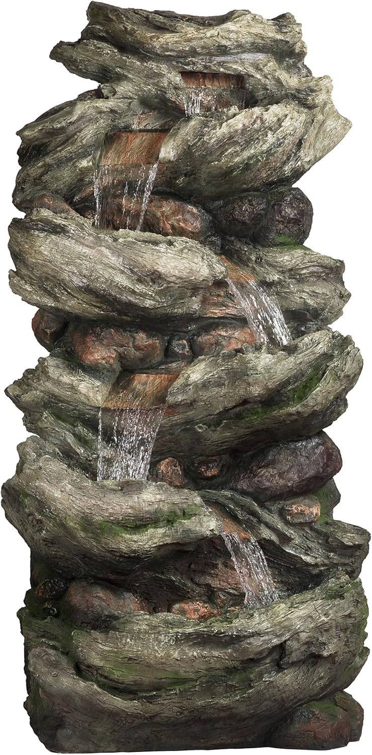 Alpine Corporation WIN1424 81' 5 Tier Rock Water Fountain with LED Lights – Natural Stone Look for Indoor/Outdoor Use, Elegant Cascading Water Feature for Gardens, Patios, or Living Room, Brown
