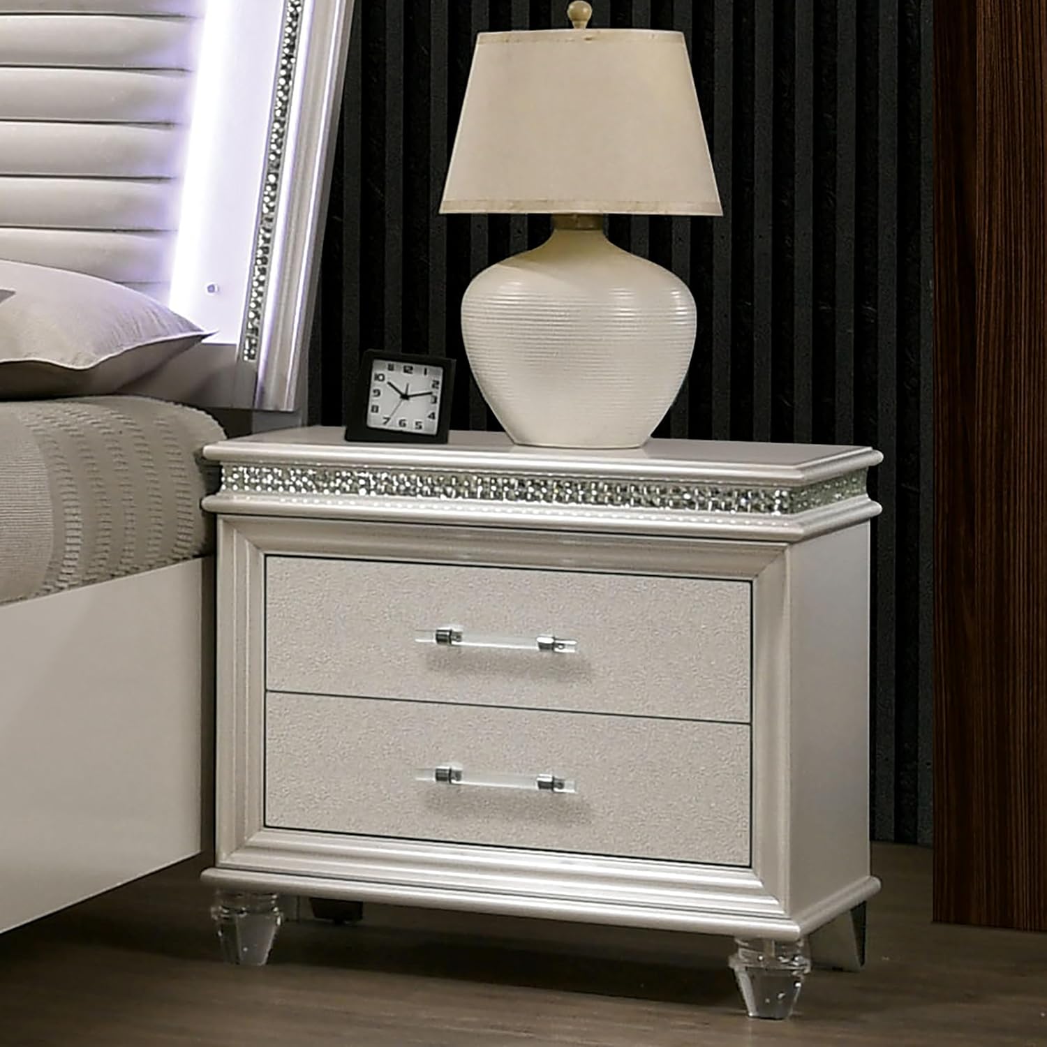 HOMES: Inside + Out Bevill Wood 2-Piece Bedroom Set, King Size Platform Bed with LED Light, Upholstered Headboard and 2-Drawer Nightstand, No Box Spring Required, Pearl White