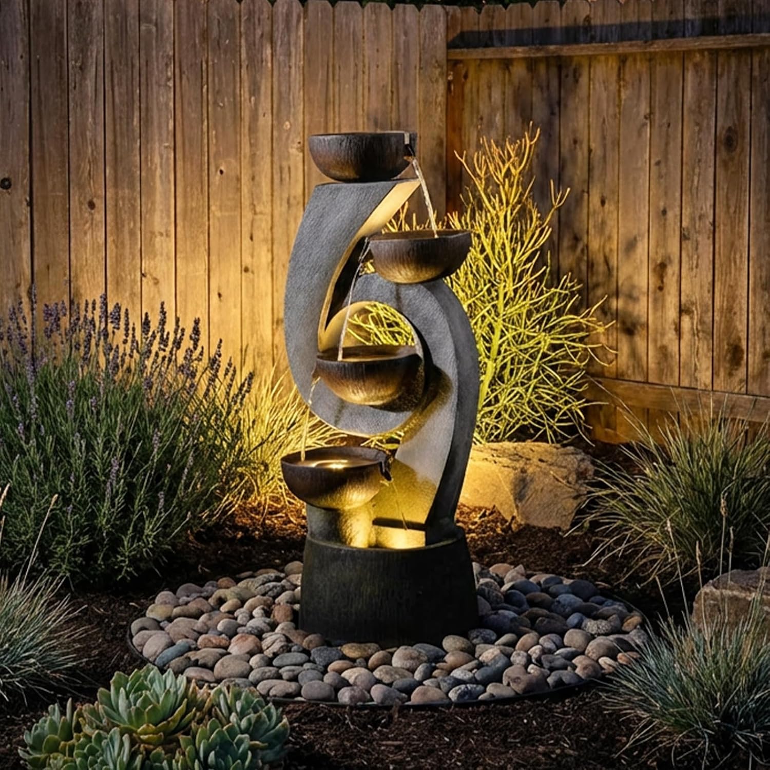 Bumilgar 46.8'H Outdoor Water Fountain Garden, Multi-Tier Waterfall Fountain Water Feature with Lights for Patio, Garden & Porch