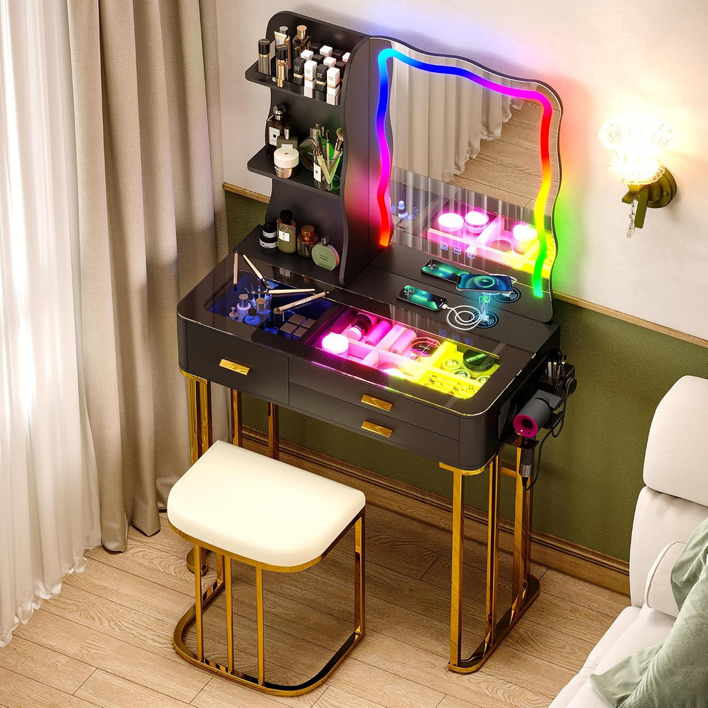 RGB Makeup Vanity Desk with Wireless Charging Station,7 Dynamic and 7 Static Dimmable Vanity Table with Visible Glass Top,Auto Sensor LED Make up Vanity with Mirror and Lights,Stool