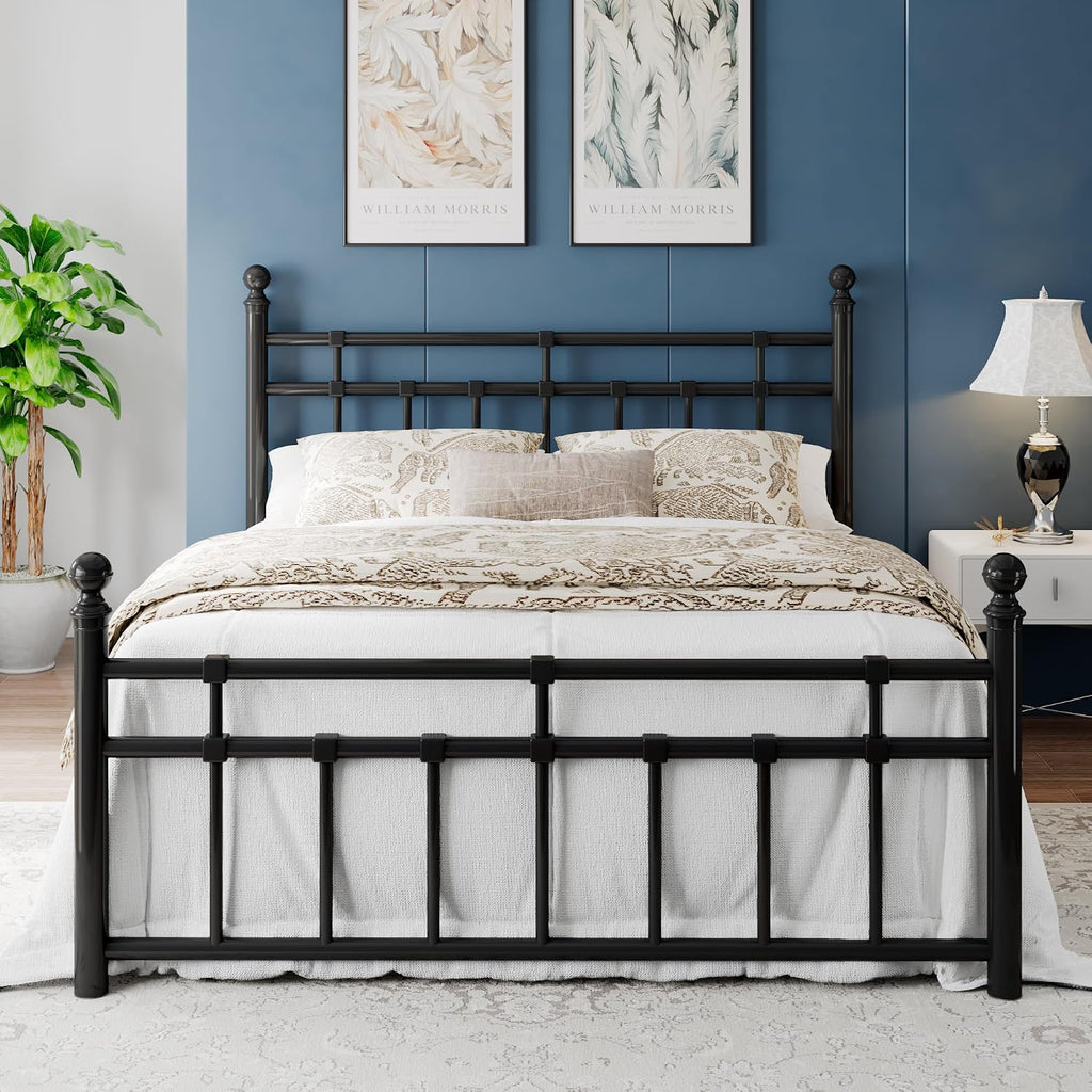 Einhomn Full Size Metal Platform Bed Frame with Victorian Iron-Art Tall Headboard and Footboard, Mattress Foundation for Under Bed Storage/Heavy Duty Steel Slat Supported, No Box Spring Needed, Black