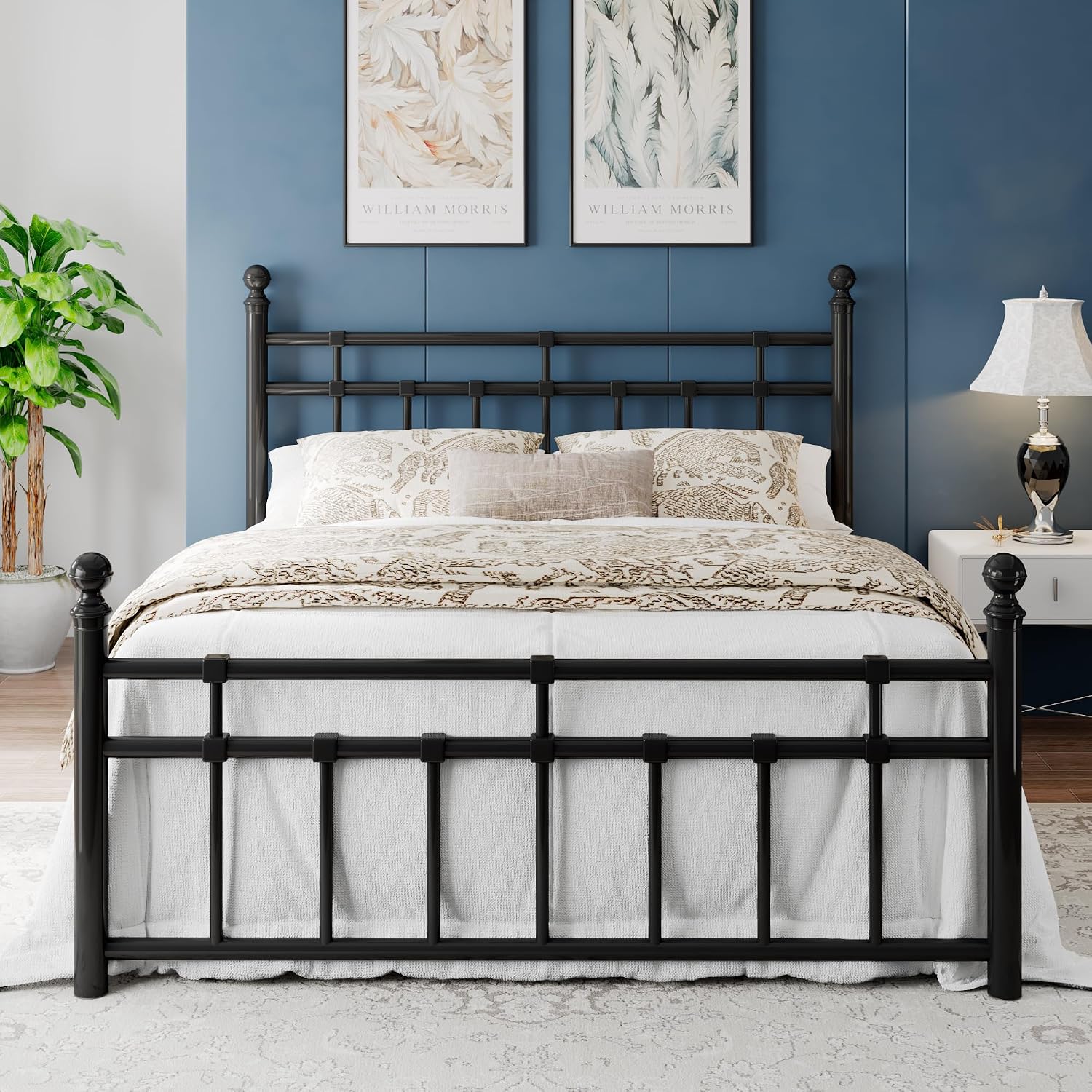 Einhomn Full Size Metal Platform Bed Frame with Victorian Iron-Art Tall Headboard and Footboard, Mattress Foundation for Under Bed Storage/Heavy Duty Steel Slat Supported, No Box Spring Needed, Black