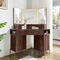 T4TREAM 48' Fluted Makeup Vanity Desk with HD Triple Mirror and Lights, Large Lighted Corner Vanity with Glass Top, Modern Dressing Table with 3 Drawers & 2 Cabinets for Bedroom, Dark Walnut