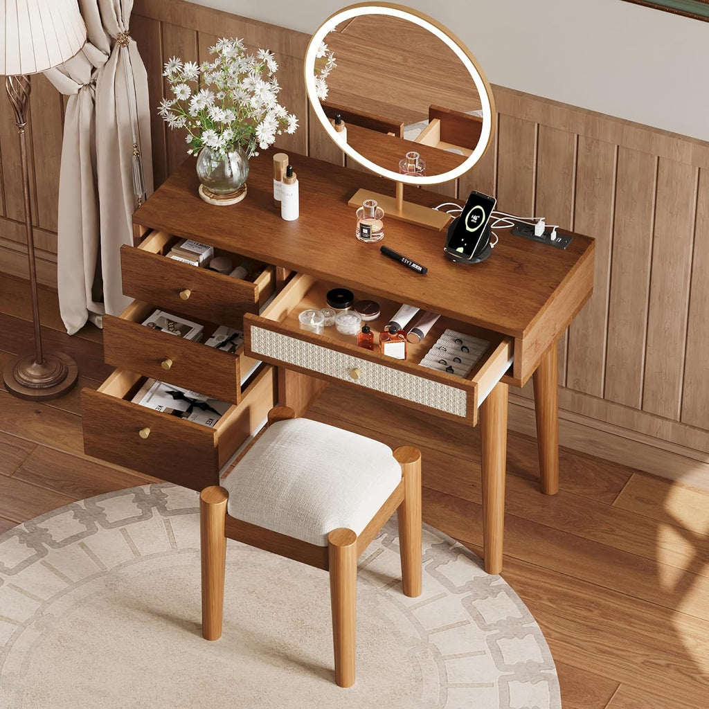 JIVOIT Vanity Table Set with Stool, 39' Retro Bohemian Style Dressing Table 3 Storage Drawers and 1 Rectangular Rattan Drawer, Wooden Makeup Vanity Set for Small Space (Walnut,Vanity Set)
