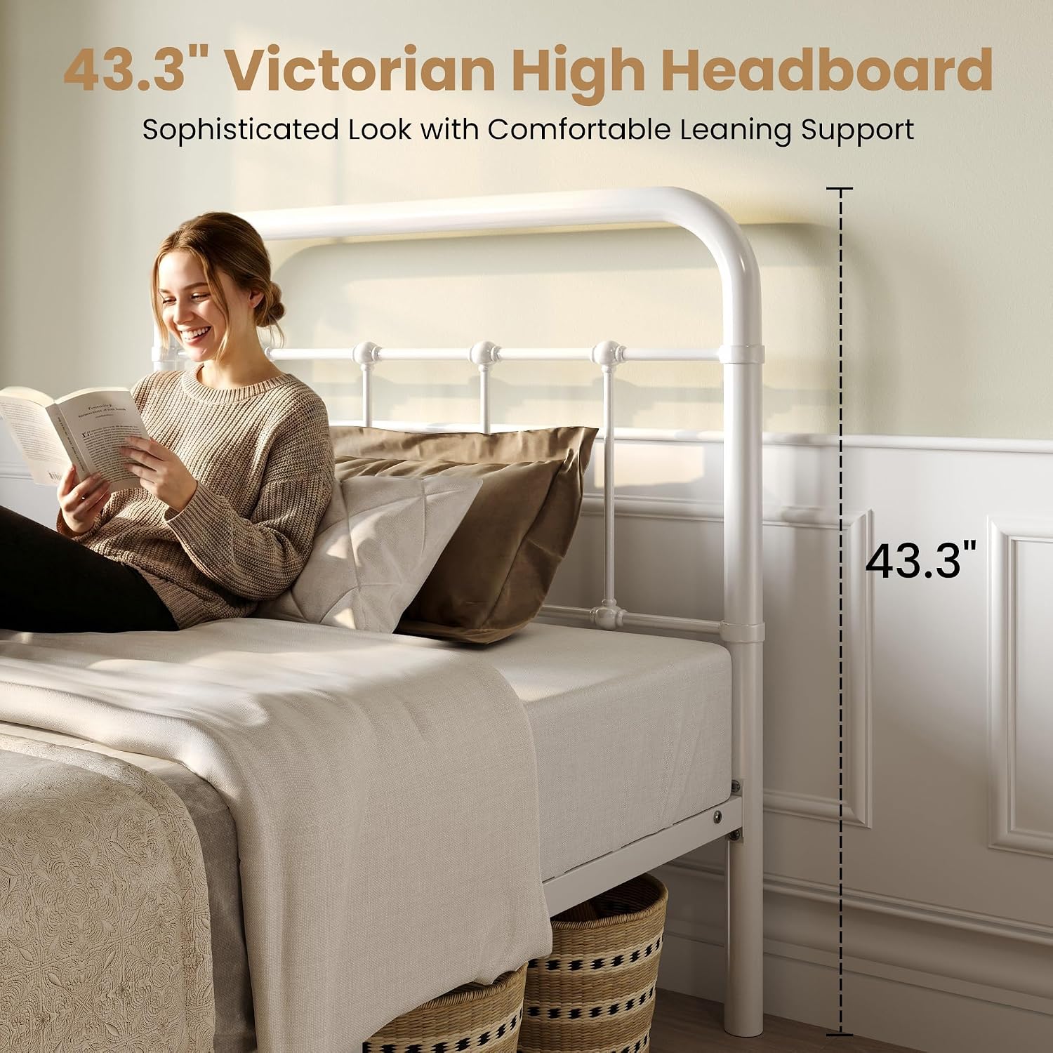 SHA CERLIN Twin Size Metal Platform Bed Frame with Vintage Style Headboard and Footboard, Heavy Duty Mattress Foundation, No Box Spring Needed, Easy Assembly, White