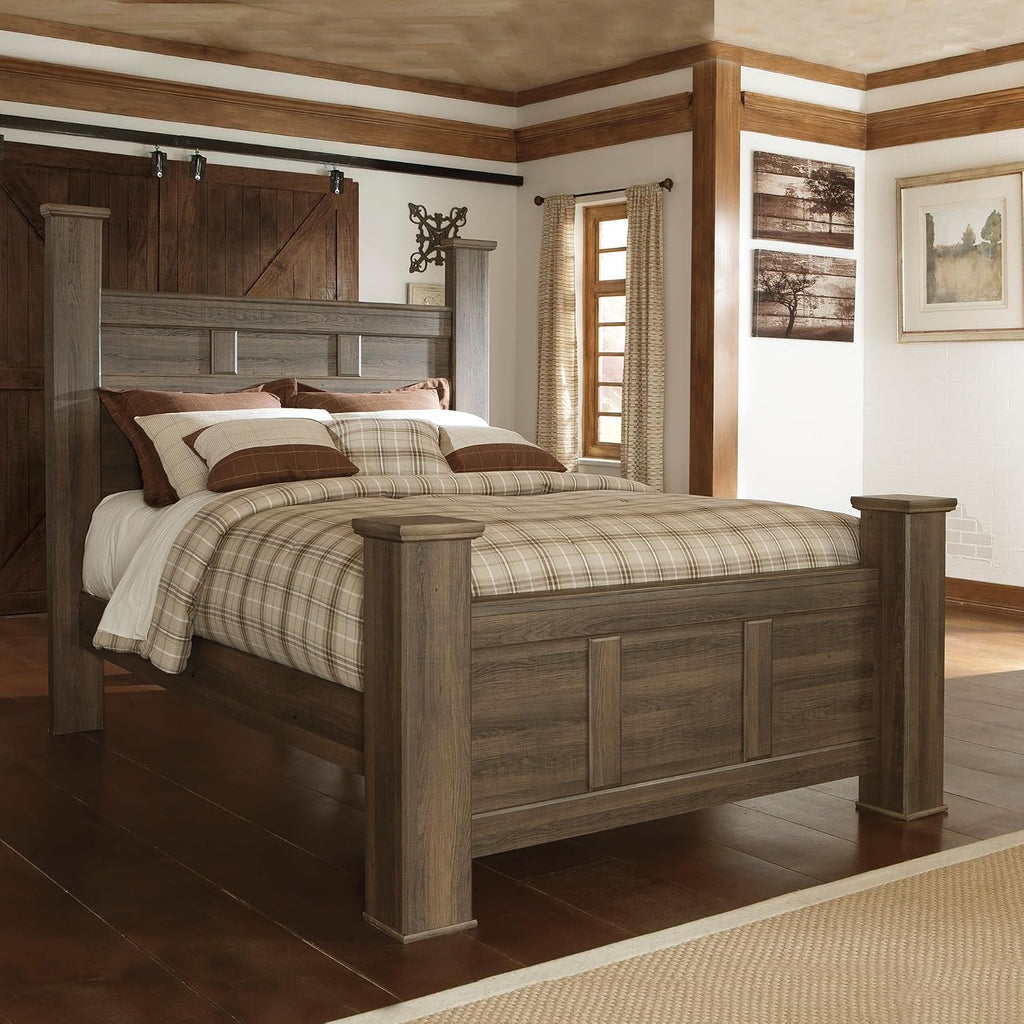 Signature Design by Ashley Juararo Casual Queen Poster Bed with Metal Slats, Foundation or Box Spring Needed, Dark Brown
