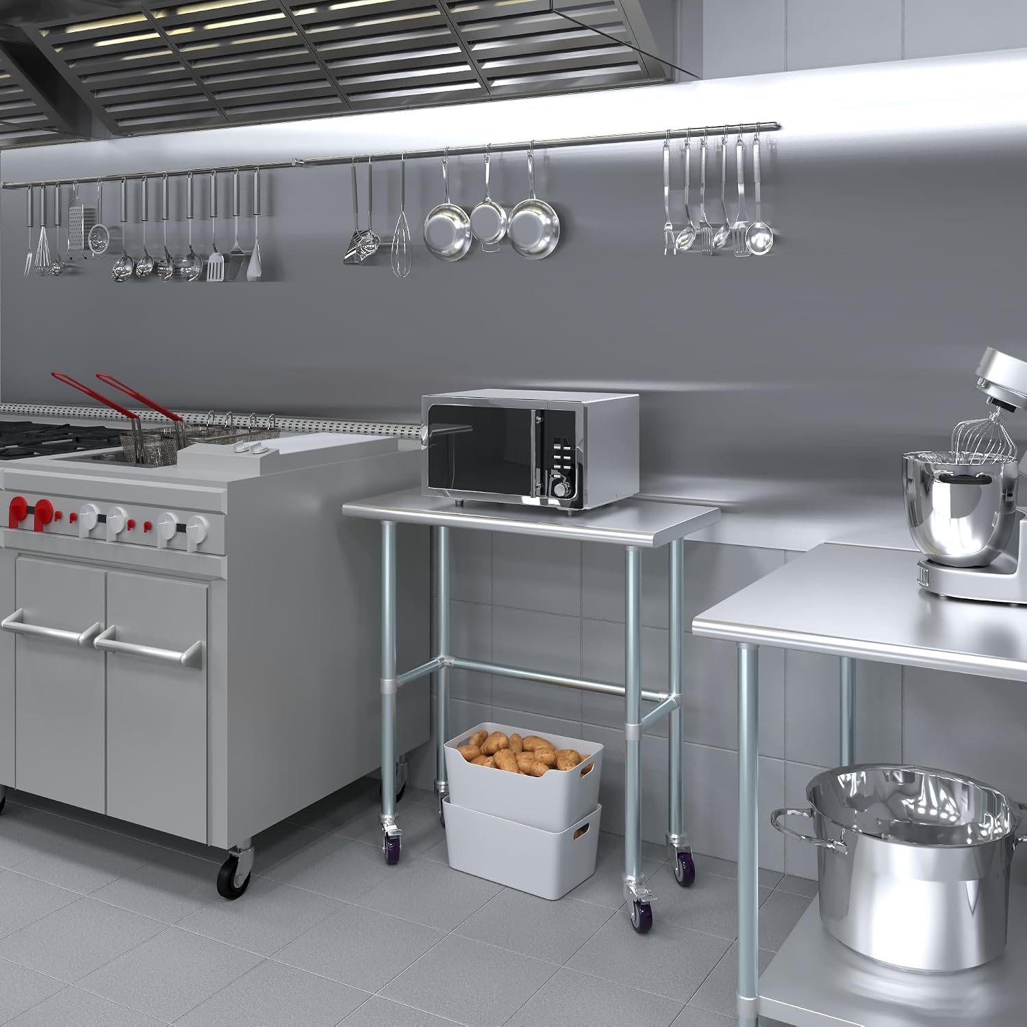 AmGood Stainless Steel Work Table Open Base & Wheels | Work Station | Metal Work Bench (Stainless Steel Work Table Open Base + Casters, 36' Long x 18' Deep)