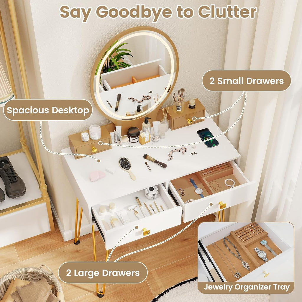 CHARMAID Vanity Desk with Mirror and Lights, White Makeup Vanity Table with 4 Drawers, Charging Station, 3-Color Lighted Mirror, Modern Girls Dressing Table with Stool for Small Bedroom