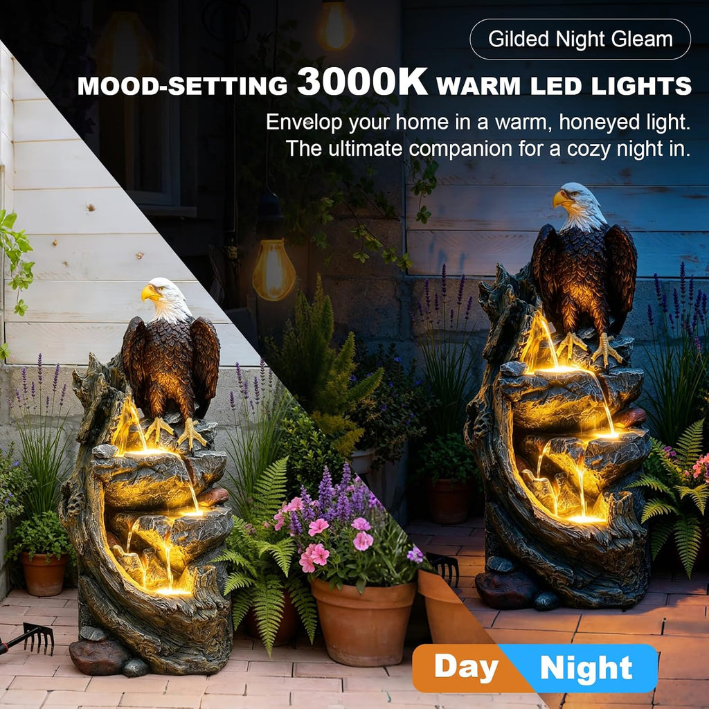 Bald Eagle Outdoor Fountain, 40.5' H Large Cascading Waterfall Garden Fountain with 3000K Warm LED Lights, Realistic Tree Trunk & Rock Water Feature for Garden, Patio, Porch, Yard and Home Art Decor