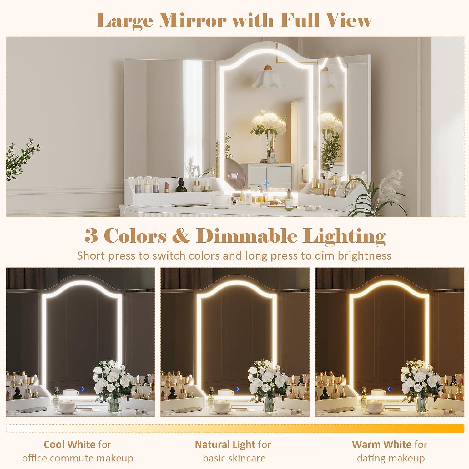 Corner Vanity Desk with 3 Way Mirror & LED Lights, Makeup Table Set with Charging Station, Storage Drawers & Side Cabinets, Modern Bedroom Dressing Table for Women & Girls Birthday Gift