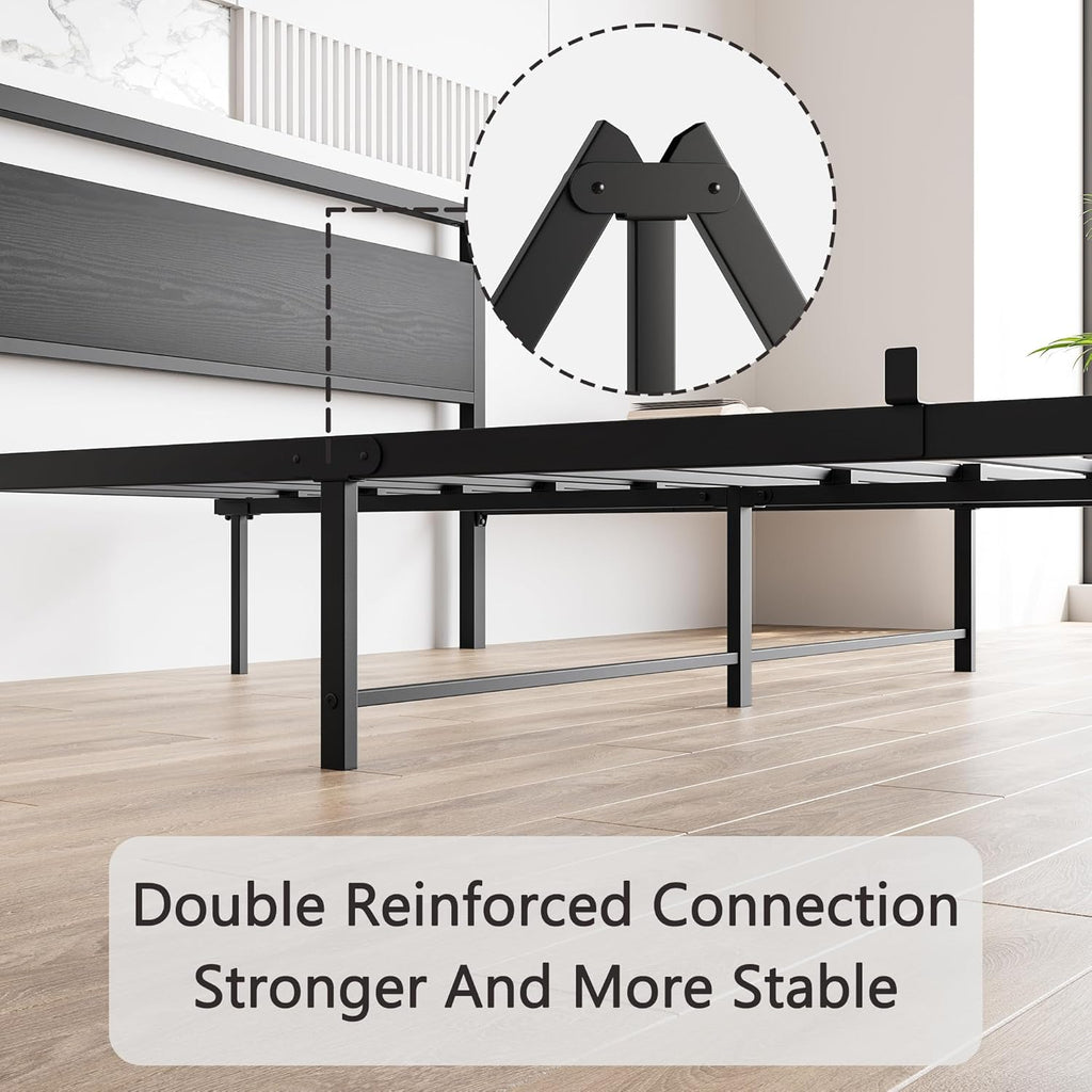 BOFENG Black Queen Size Bed Frames with Wood Headboard,Heavy Duty Metal Platform Bed Frame with Storage No Box Spring Needed,Strong Steel Slats Support,Noise Free